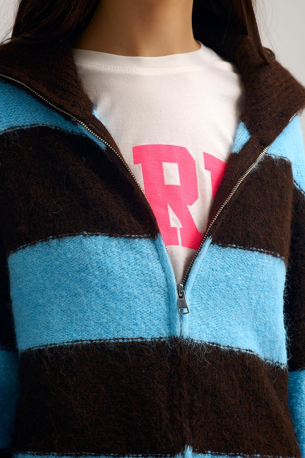 Blue Fluffy Knitted Zip-Up Jacket with Brown Stripes