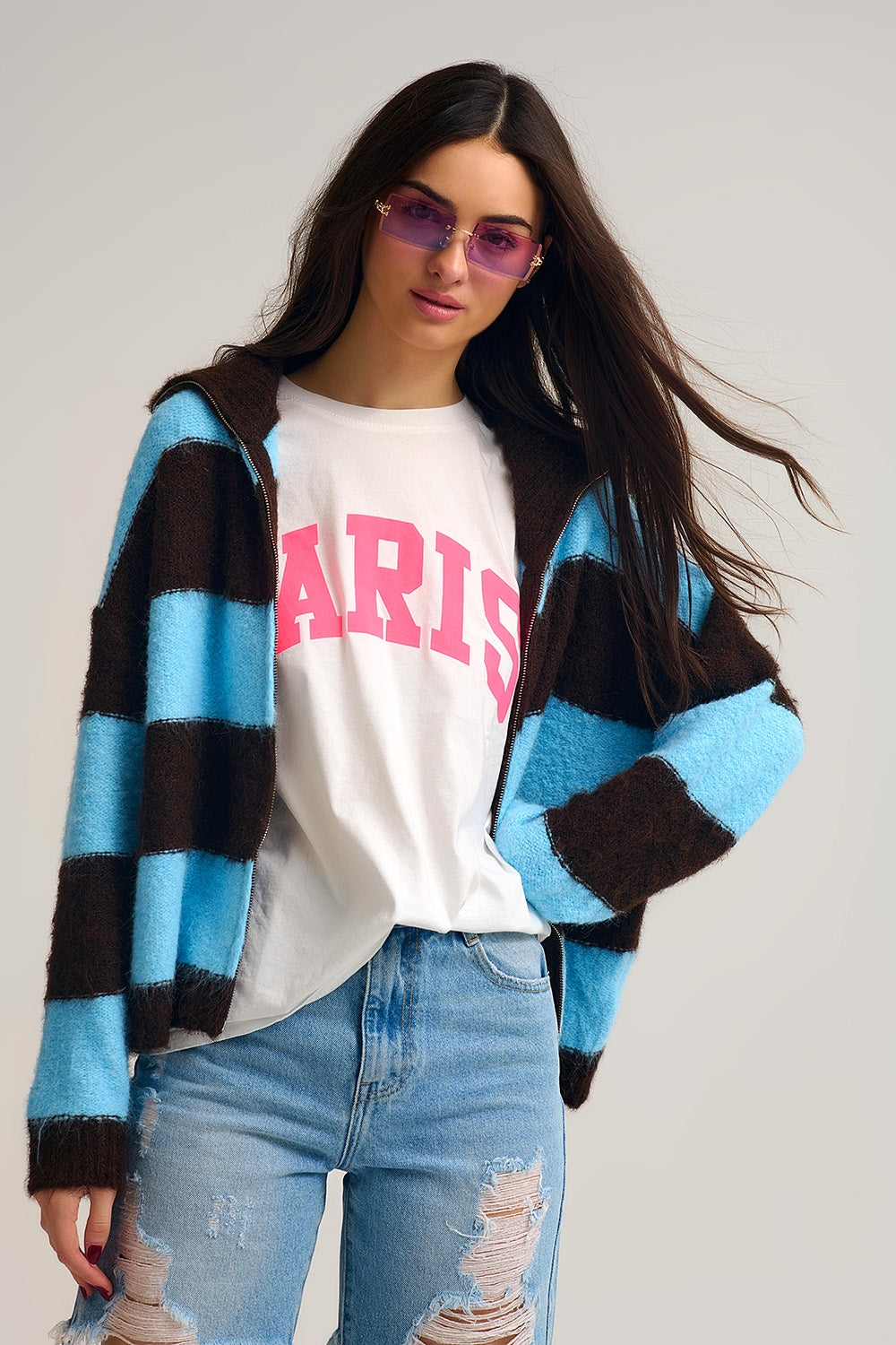 Blue Fluffy Knitted Zip-Up Jacket with Brown Stripes