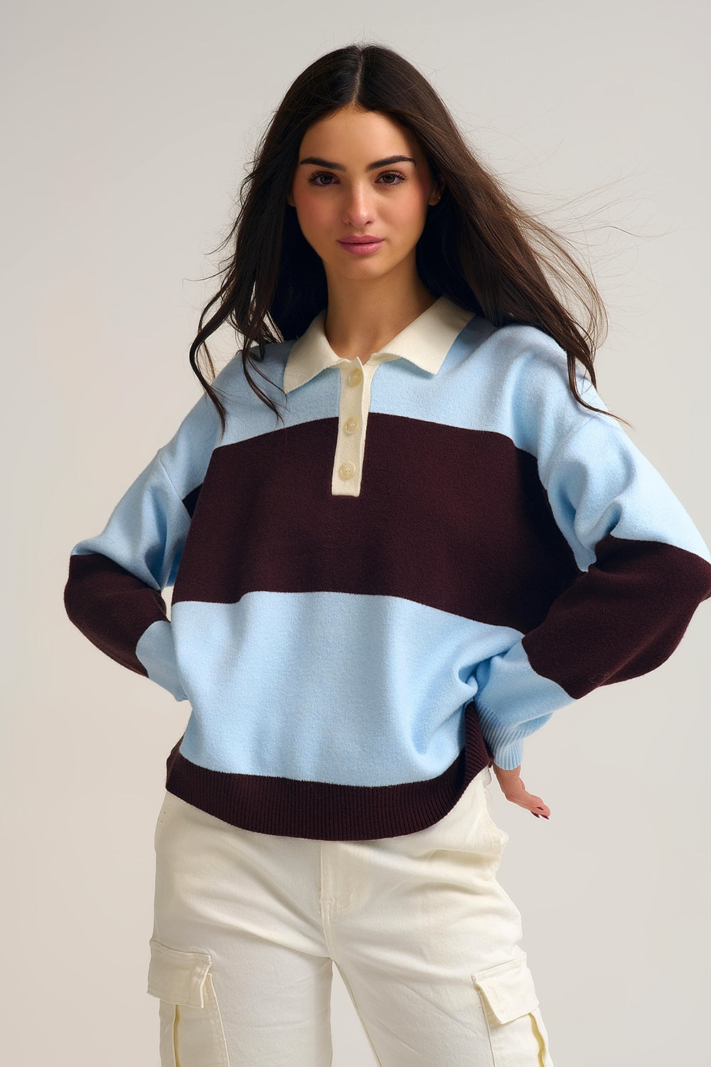 Blue Knit Polo Sweater with Brown Stripes