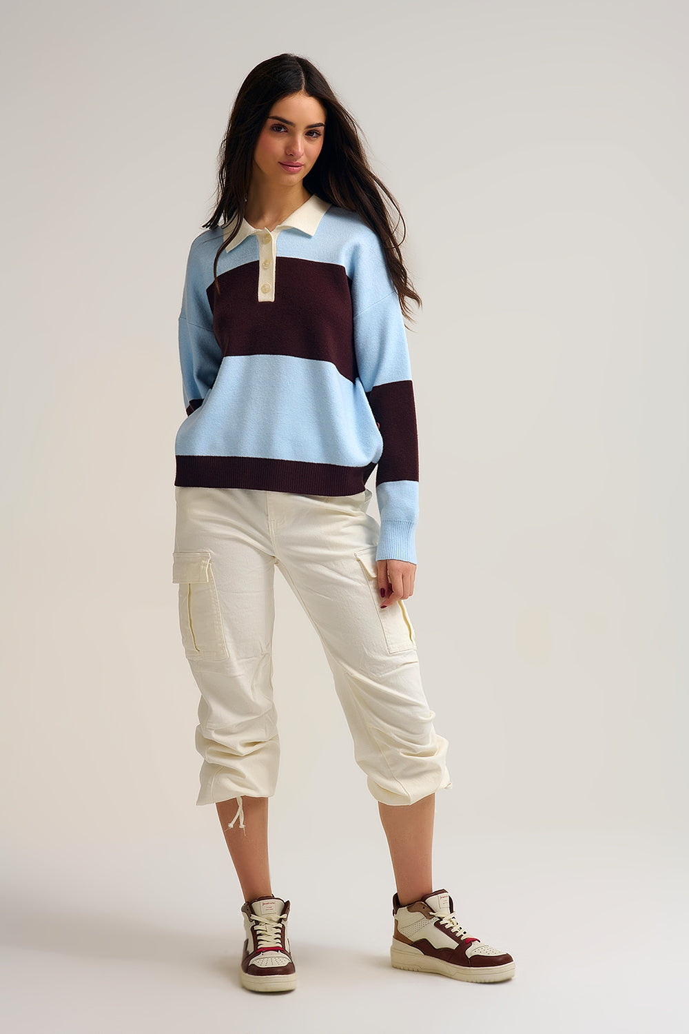 Blue Knit Polo Sweater with Brown Stripes