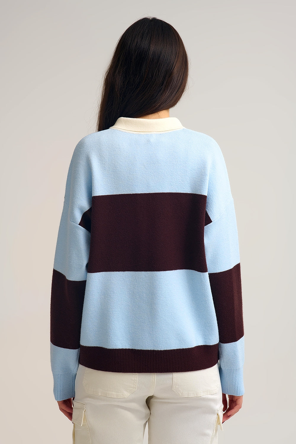 Blue Knit Polo Sweater with Brown Stripes