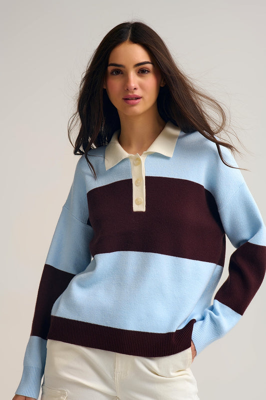 Q2 Blue Knit Polo Sweater with Brown Stripes