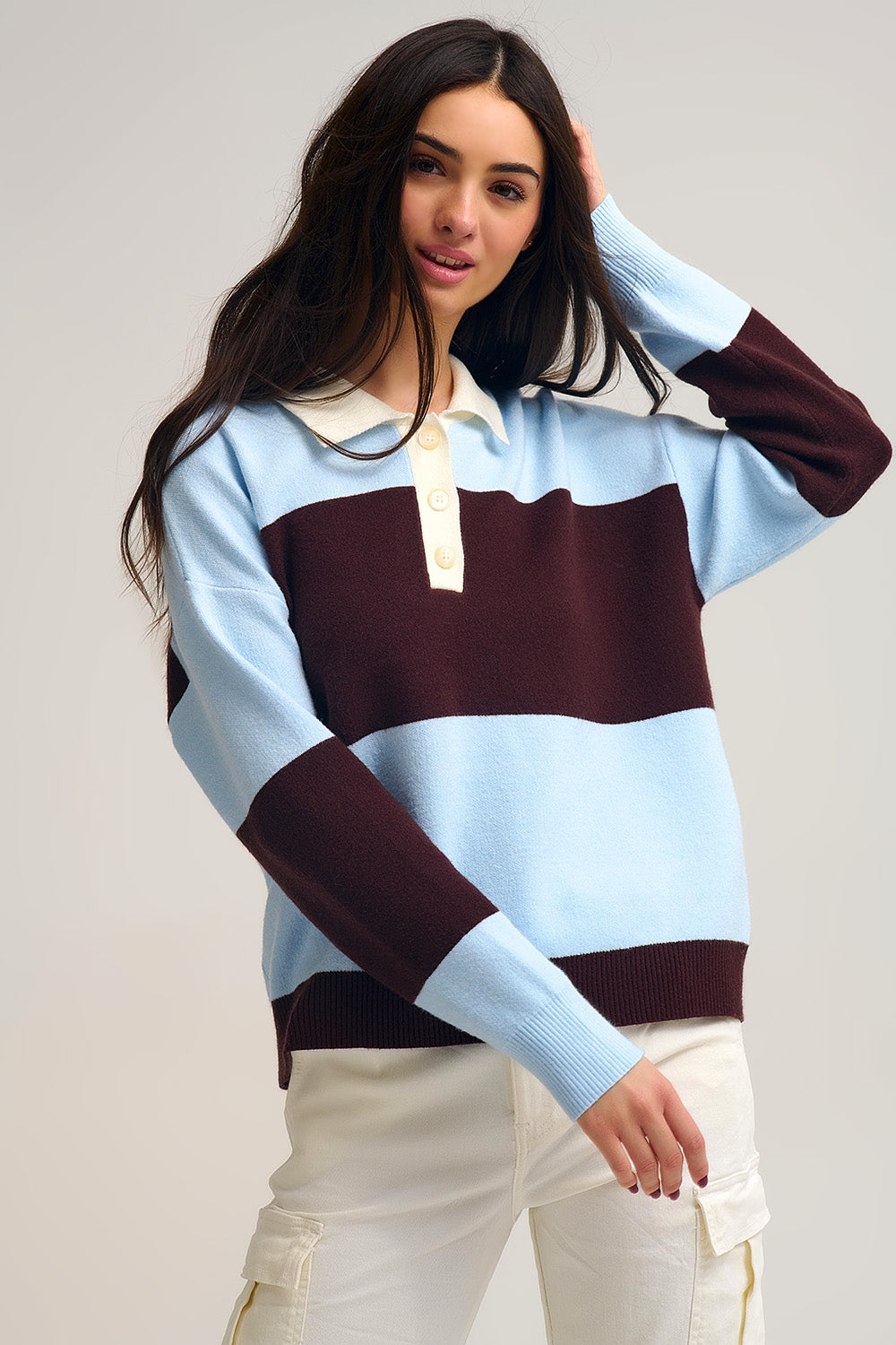 Blue Knit Polo Sweater with Brown Stripes