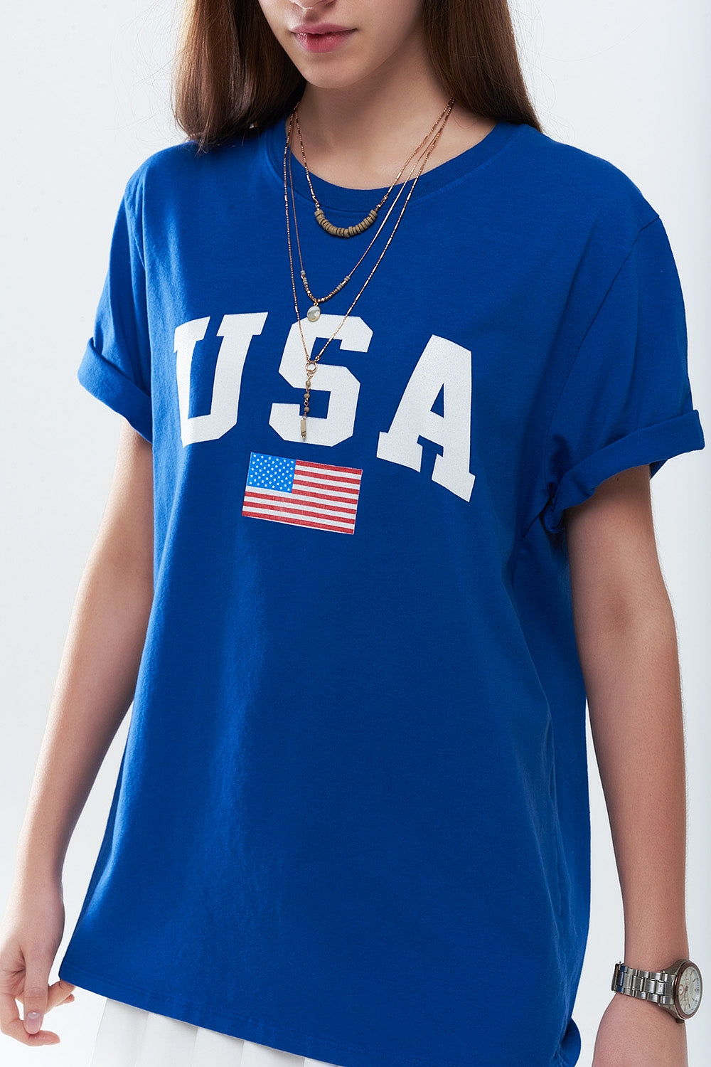 Q2 Blue loose long t-shirt with USA logo