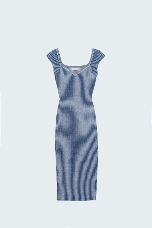Q2 Blue midi thick rib bodycon dress with cap sleeves