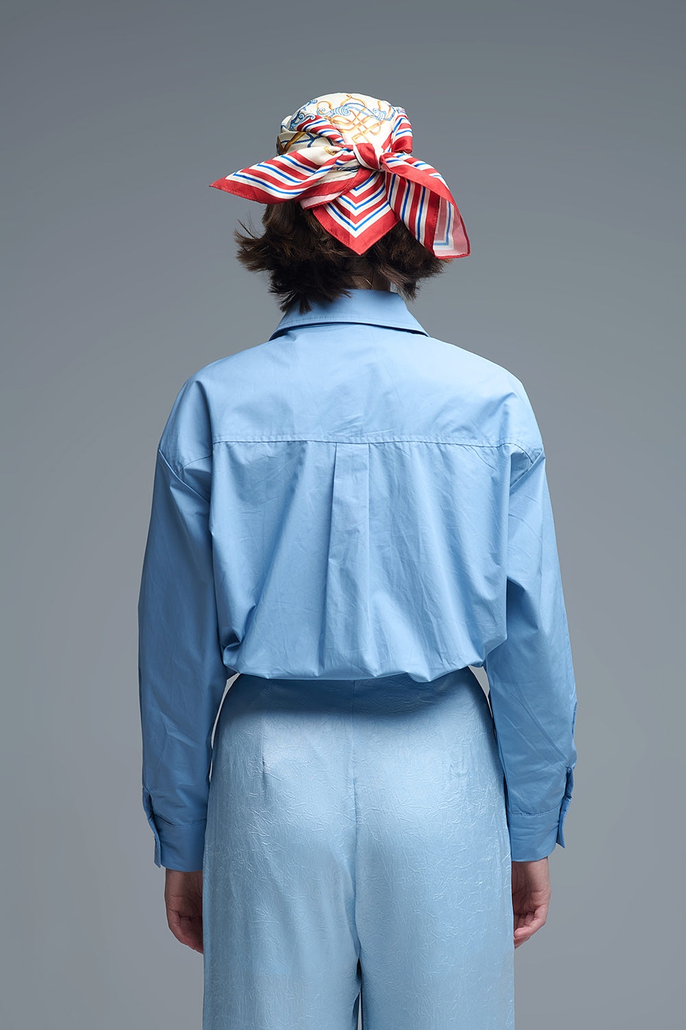 Blue Oversized Poplin Shirt With White Beaded Bow Buttons
