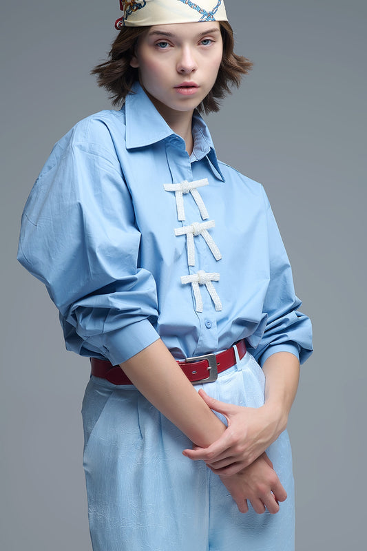 Q2 Blue Oversized Poplin Shirt With White Beaded Bow Buttons