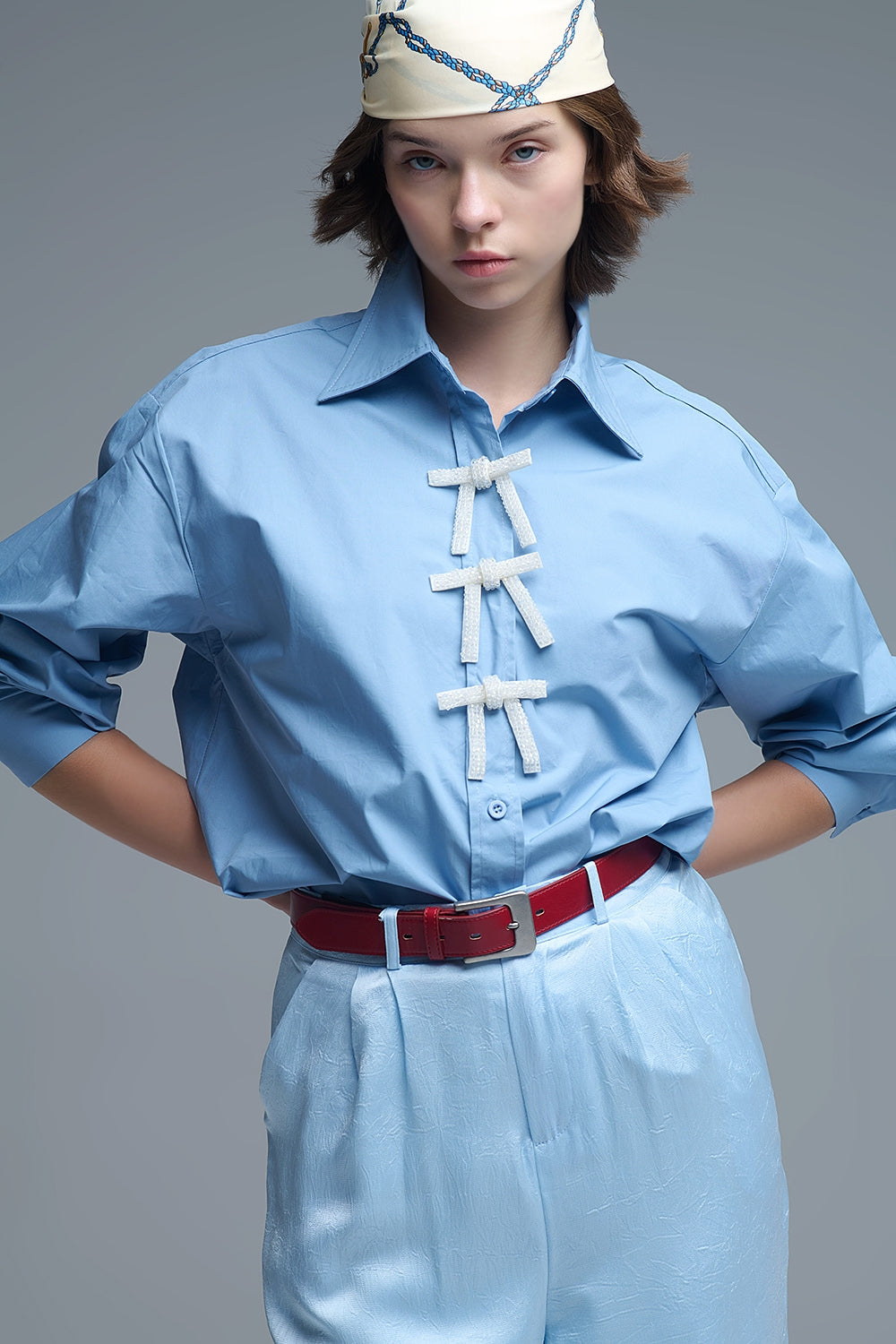 Blue Oversized Poplin Shirt With White Beaded Bow Buttons