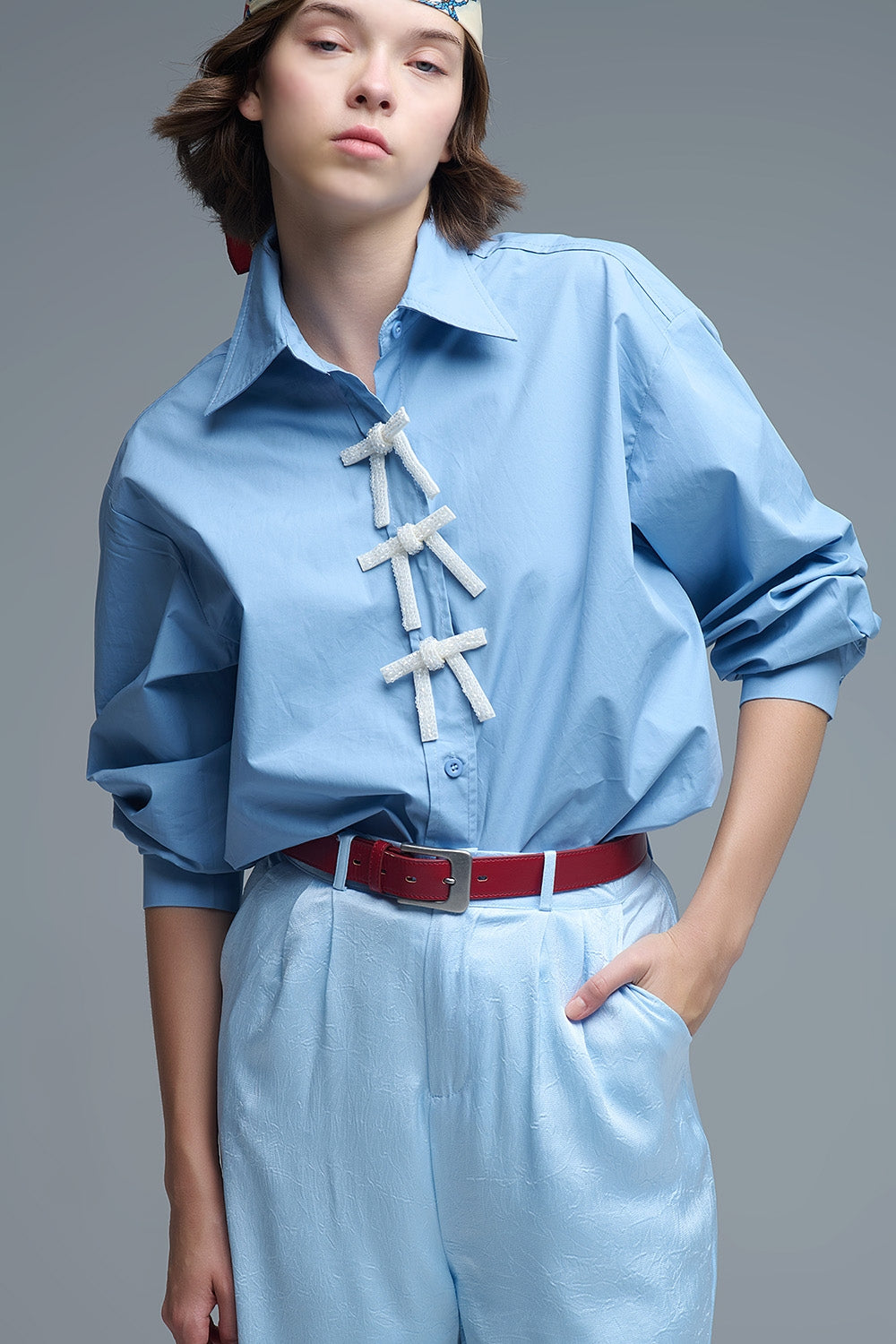 Blue Oversized Poplin Shirt With White Beaded Bow Buttons