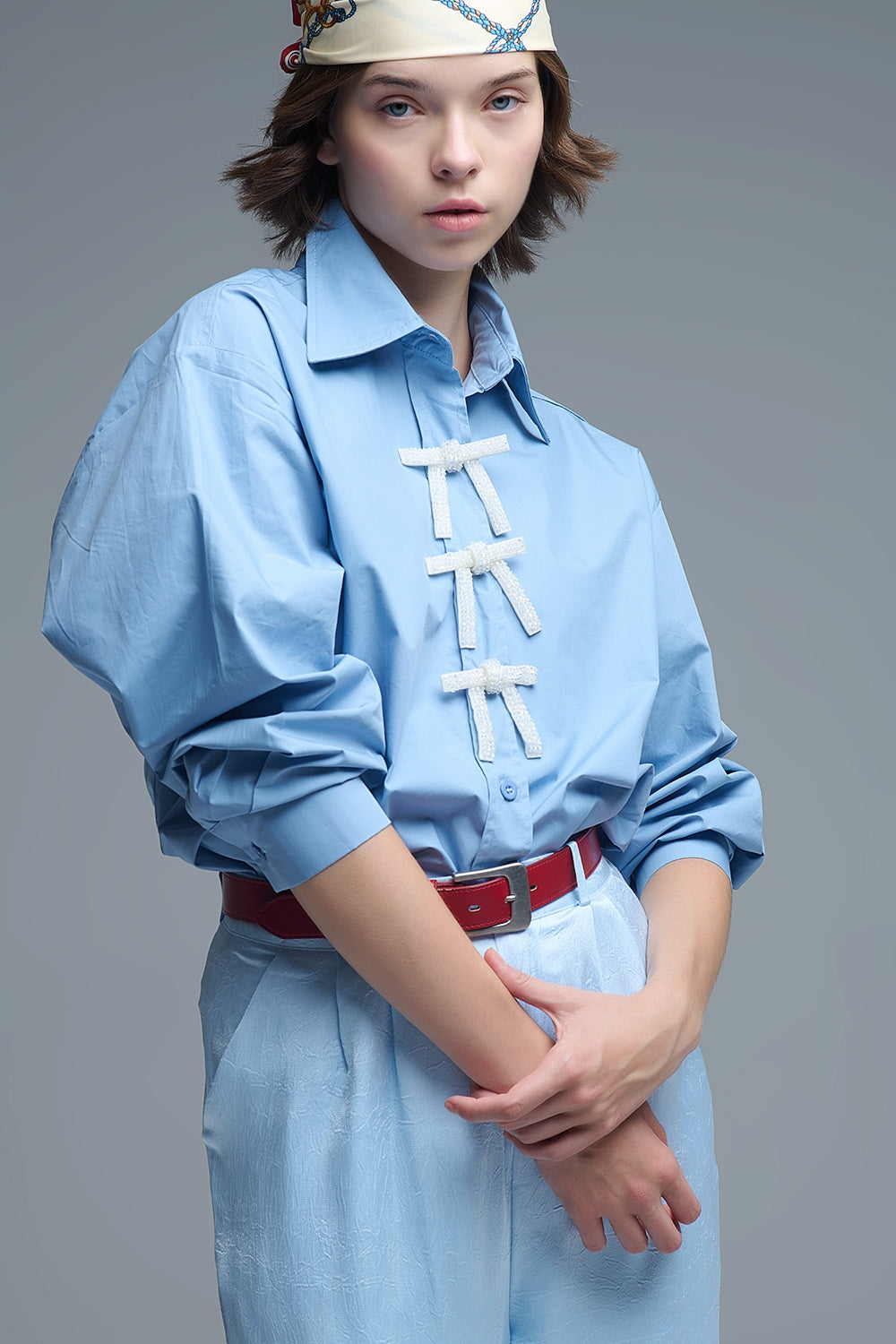 Q2 Blue Oversized Poplin Shirt With White Beaded Bow Buttons