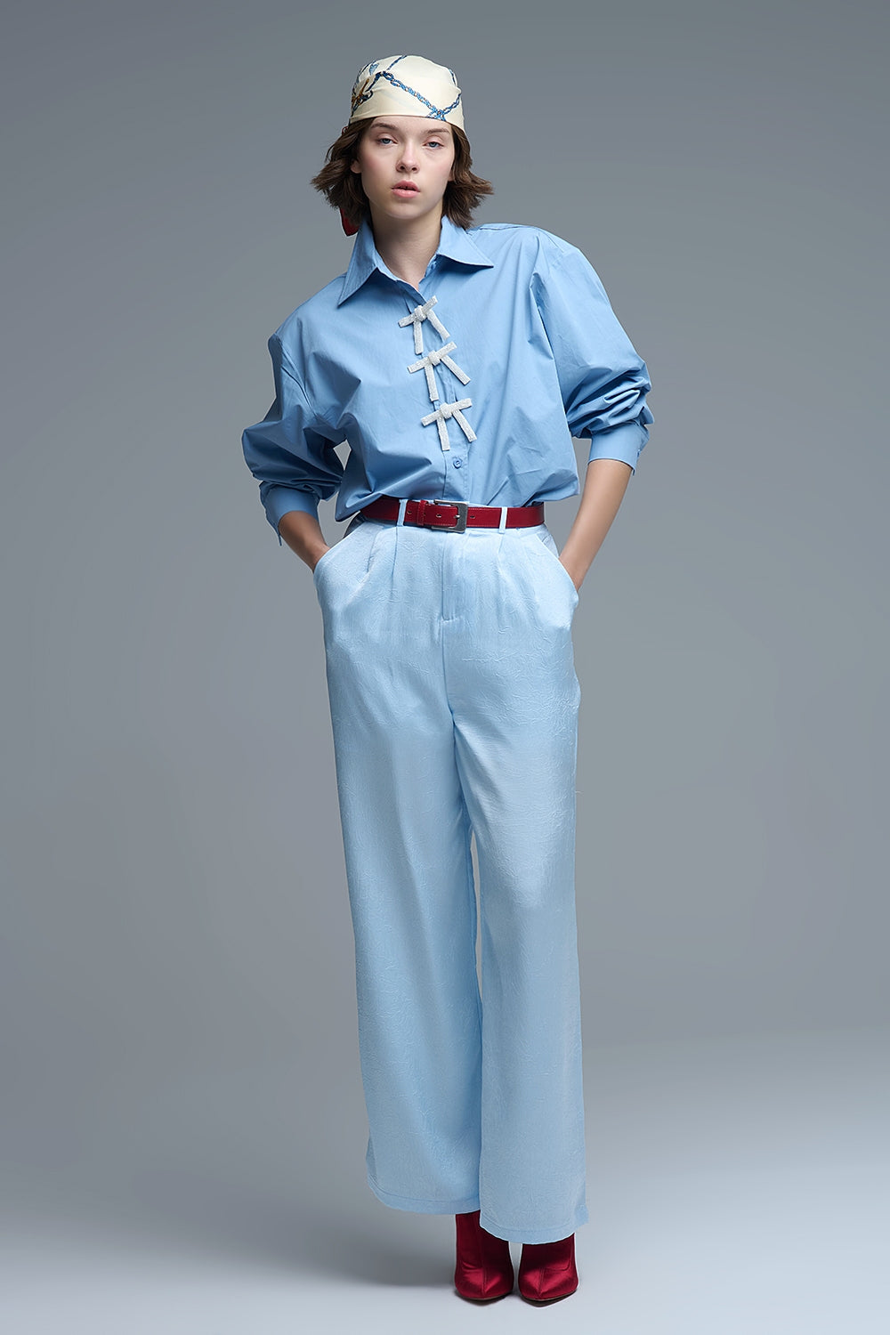Blue Oversized Poplin Shirt With White Beaded Bow Buttons