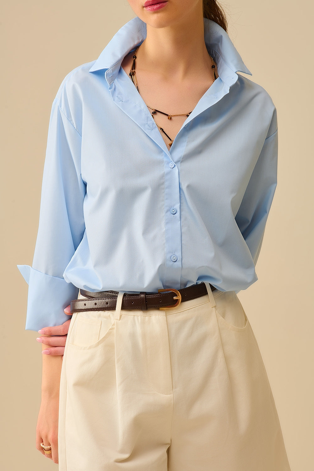 Blauw poplin overhemd met extra brede manchetten