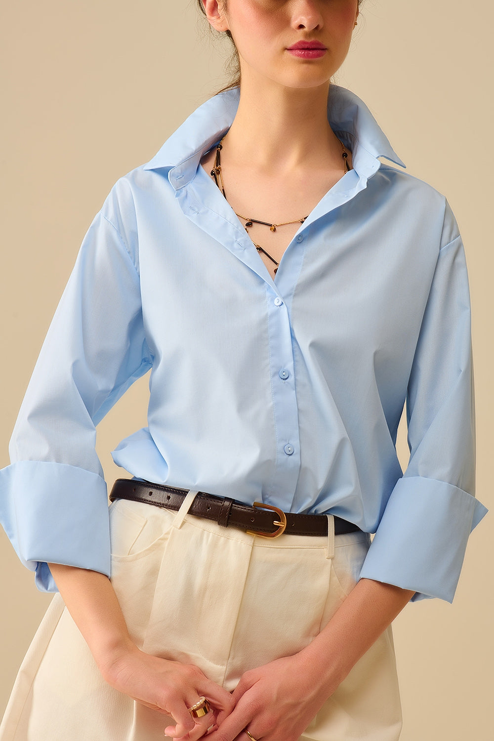 Blue poplin shirt with extra-wide cuffs
