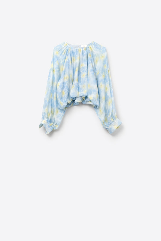 Q2 Blue printed chiffon blouse with balloon sleeves