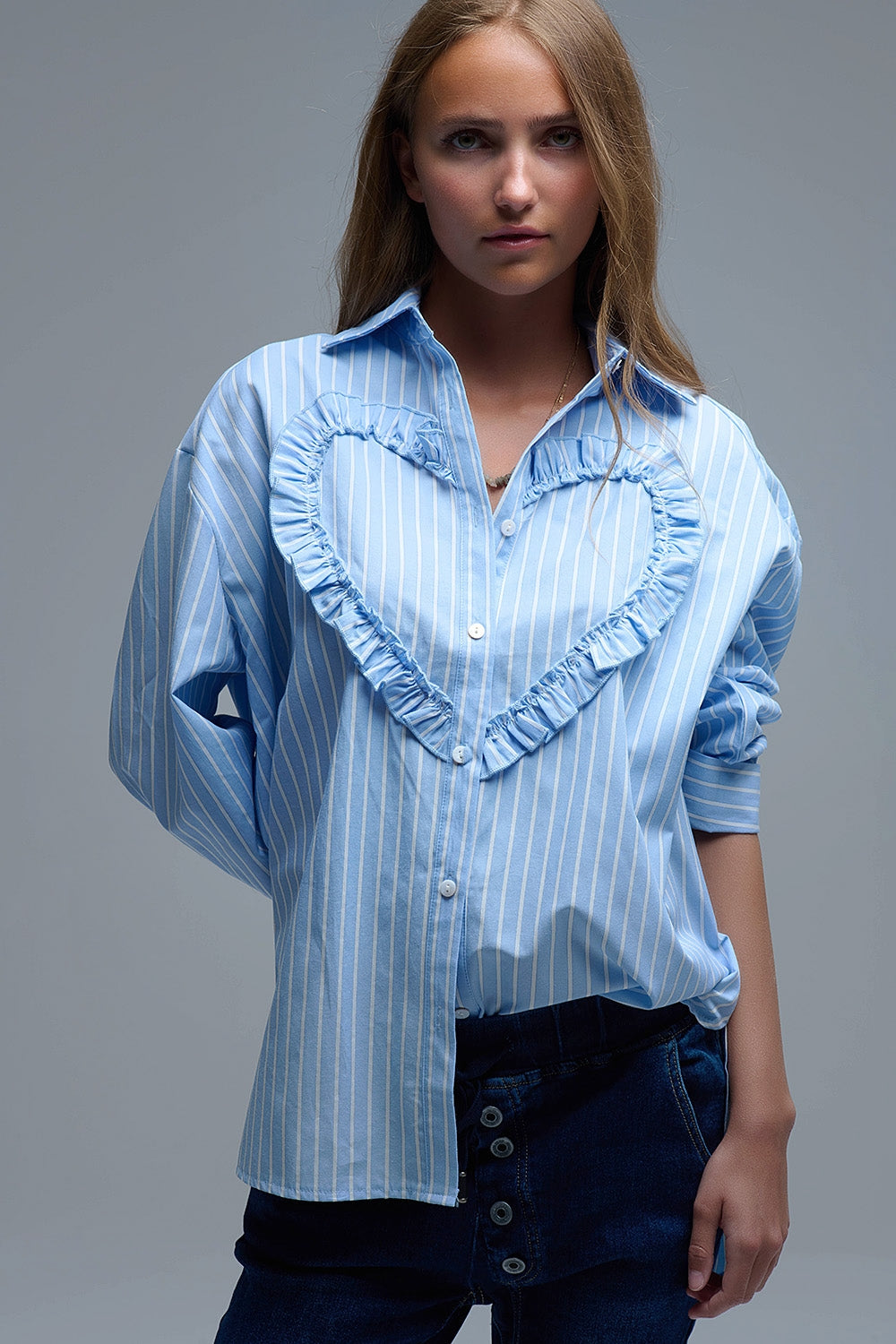 Blue Relaxed Striped Shirt With Heart Seam Detail