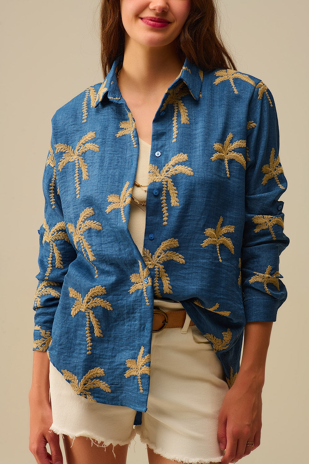 Blue Shirt with beige Palm Tree Embroidery