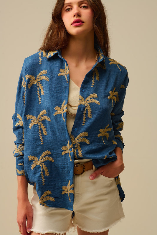 Q2 Blue Shirt with beige Palm Tree Embroidery