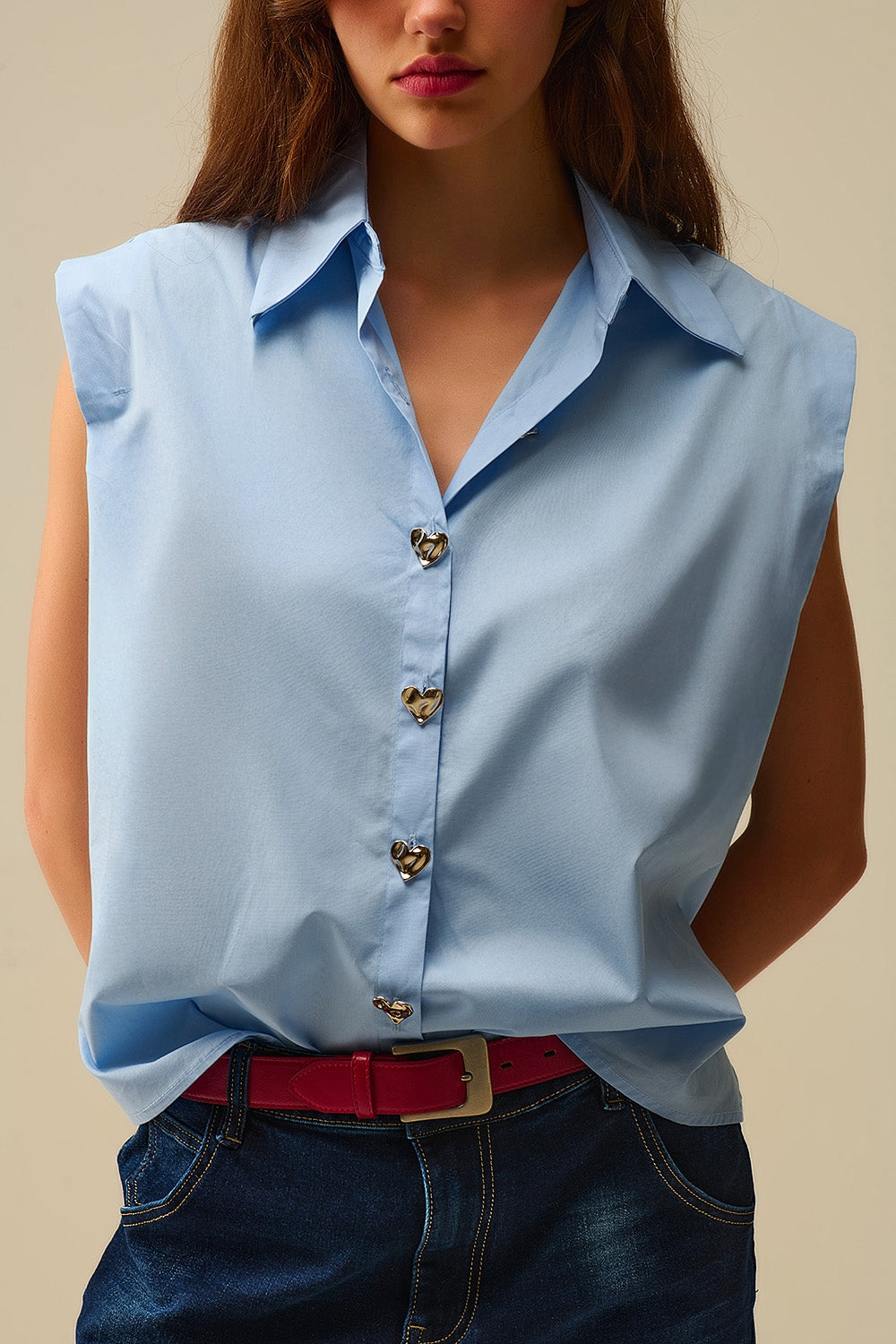 Blue Sleeveless Blouse with Heart-shaped Buttons
