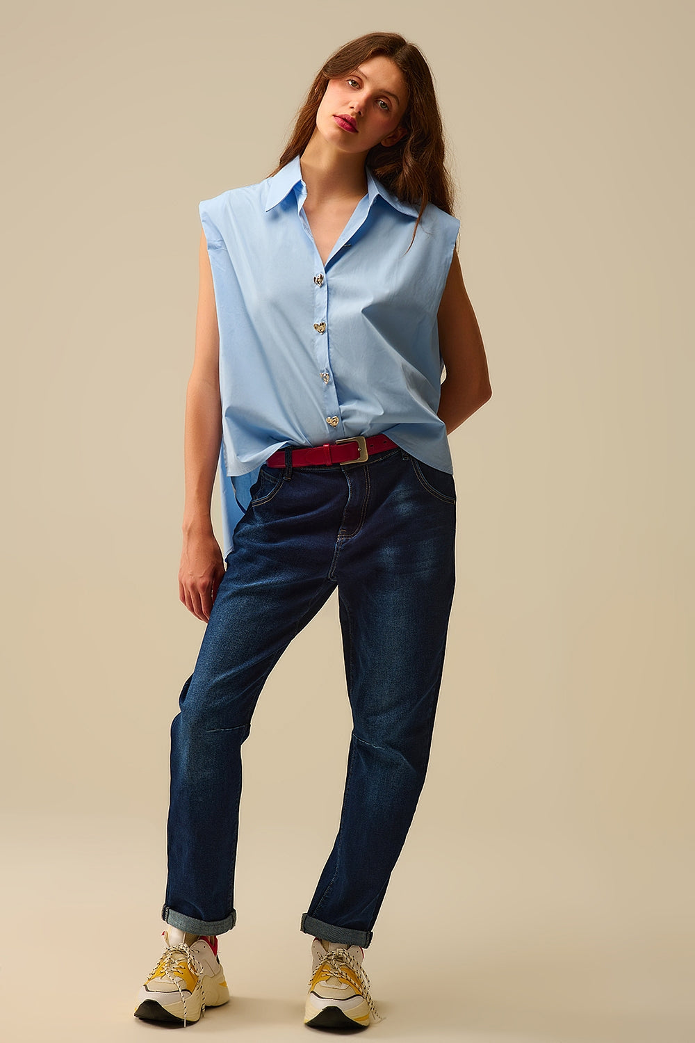 Blue Sleeveless Blouse with Heart-shaped Buttons