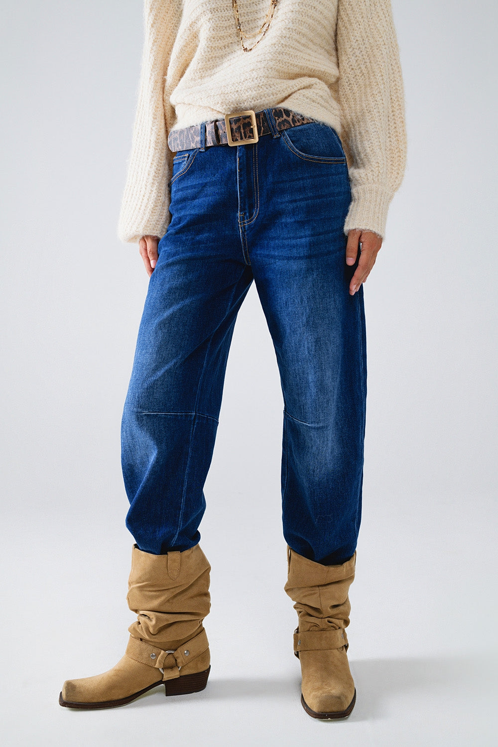 Calça de ganga Azul Reta com Detalhes de Costura