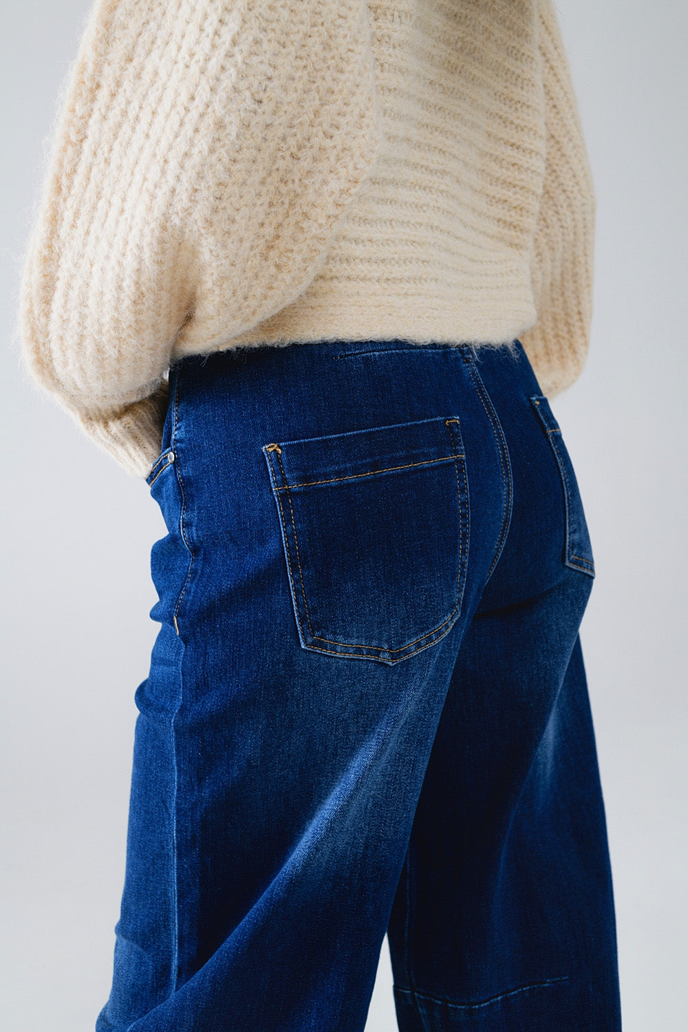 Calça de ganga Azul Reta com Detalhes de Costura