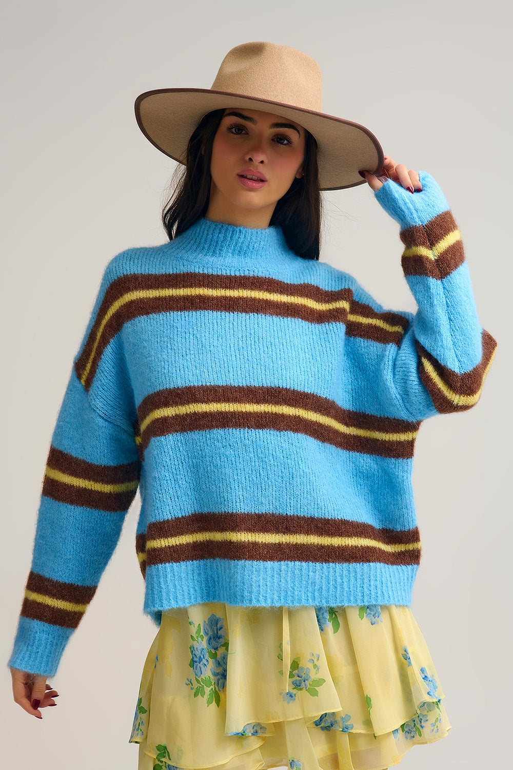 Blue Striped Knitted Sweater with Brown and Yellow Accents