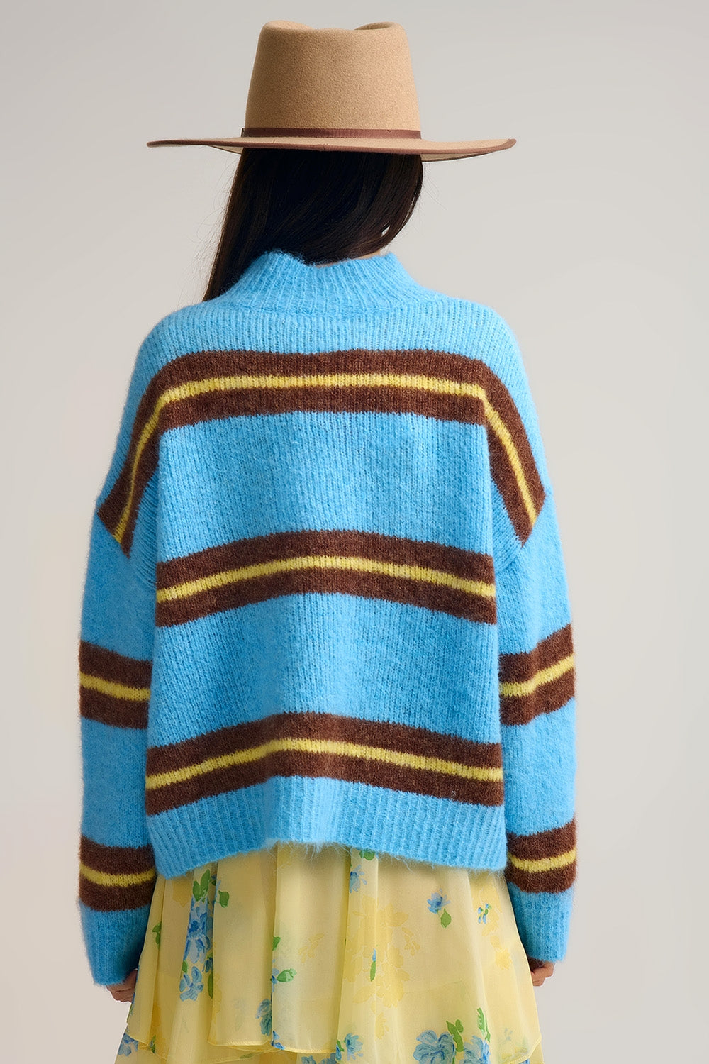 Blue Striped Knitted Sweater with Brown and Yellow Accents