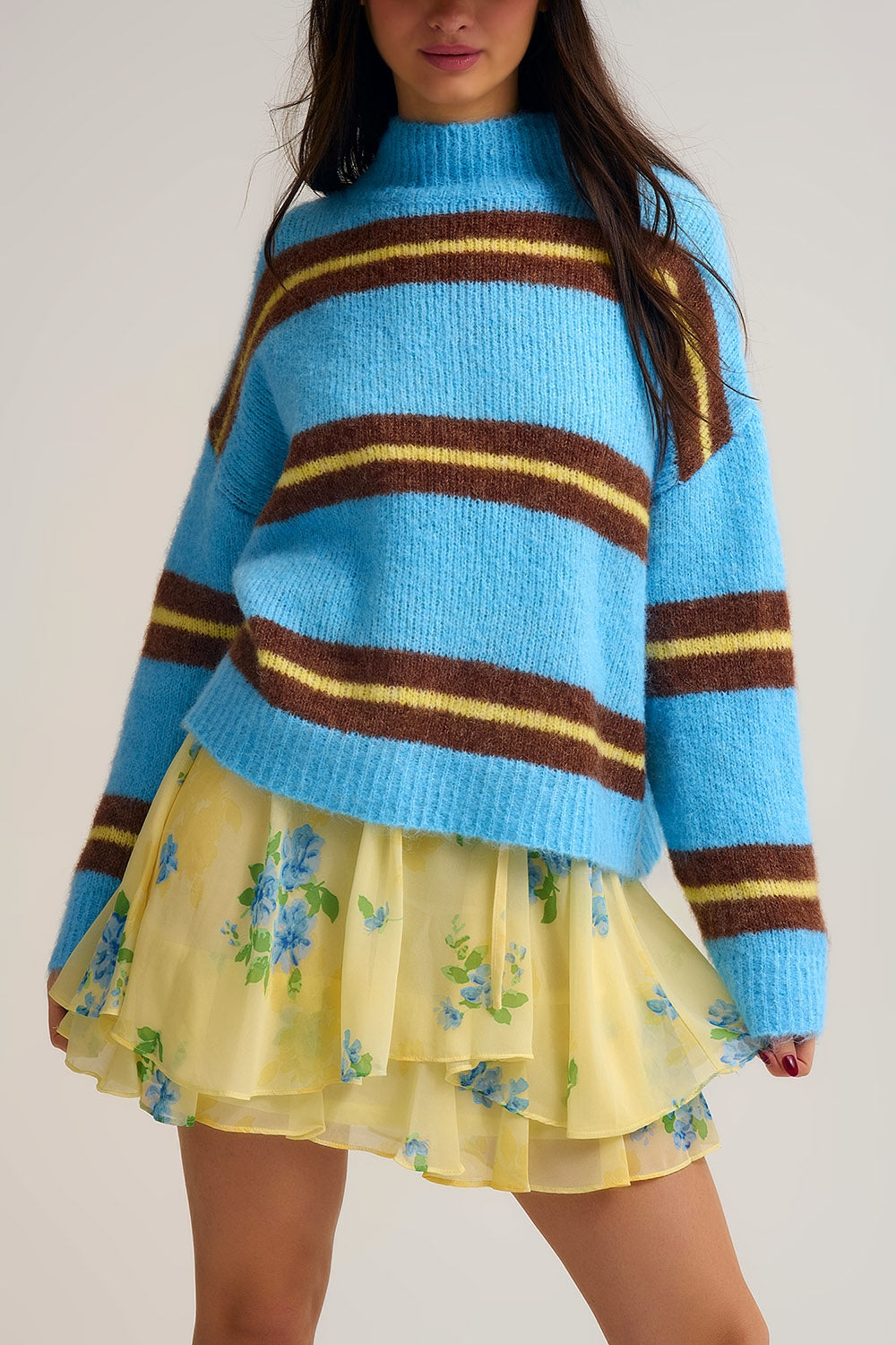 Blue Striped Knitted Sweater with Brown and Yellow Accents
