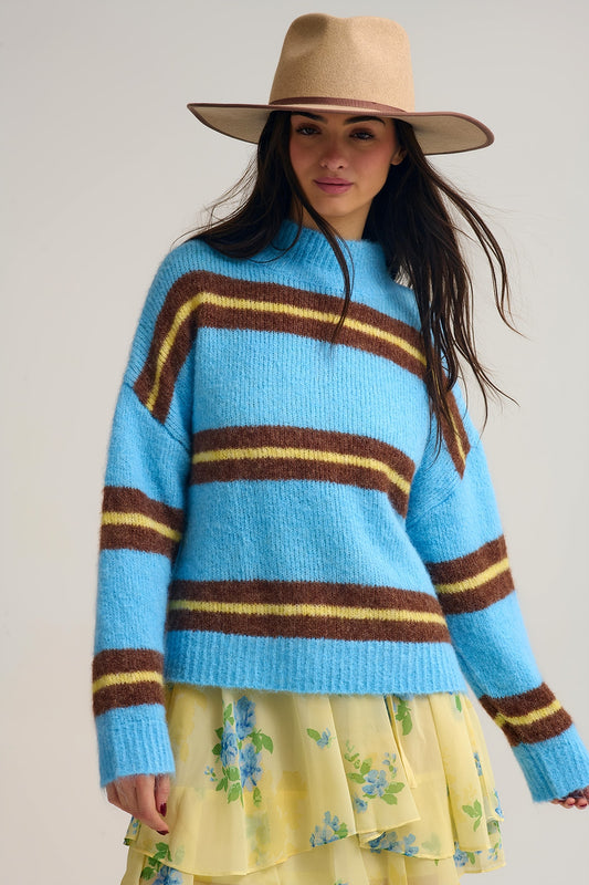 Q2 Blue Striped Knitted Sweater with Brown and Yellow Accents