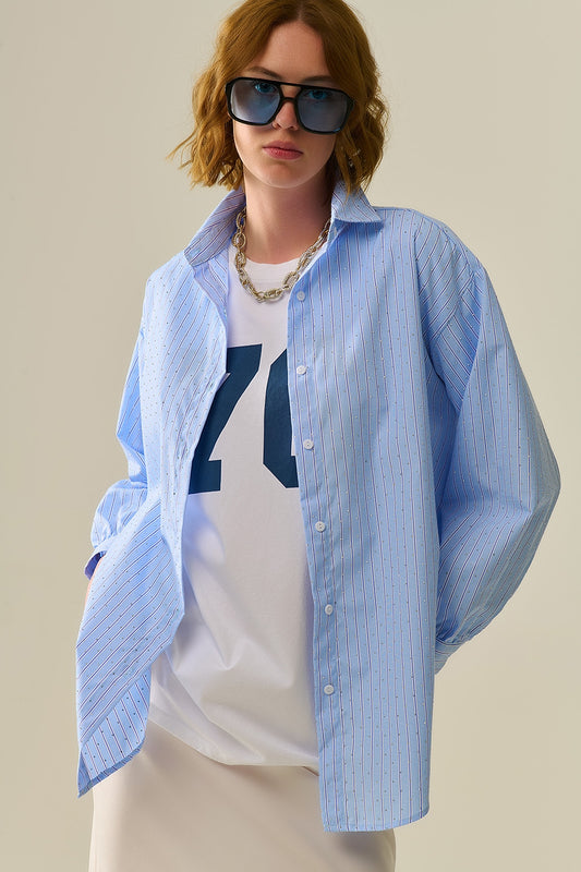 Q2 blue striped poplin shirt embellished with strass