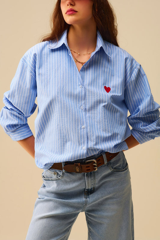 Q2 Blue Striped shirt with red heart embroidery