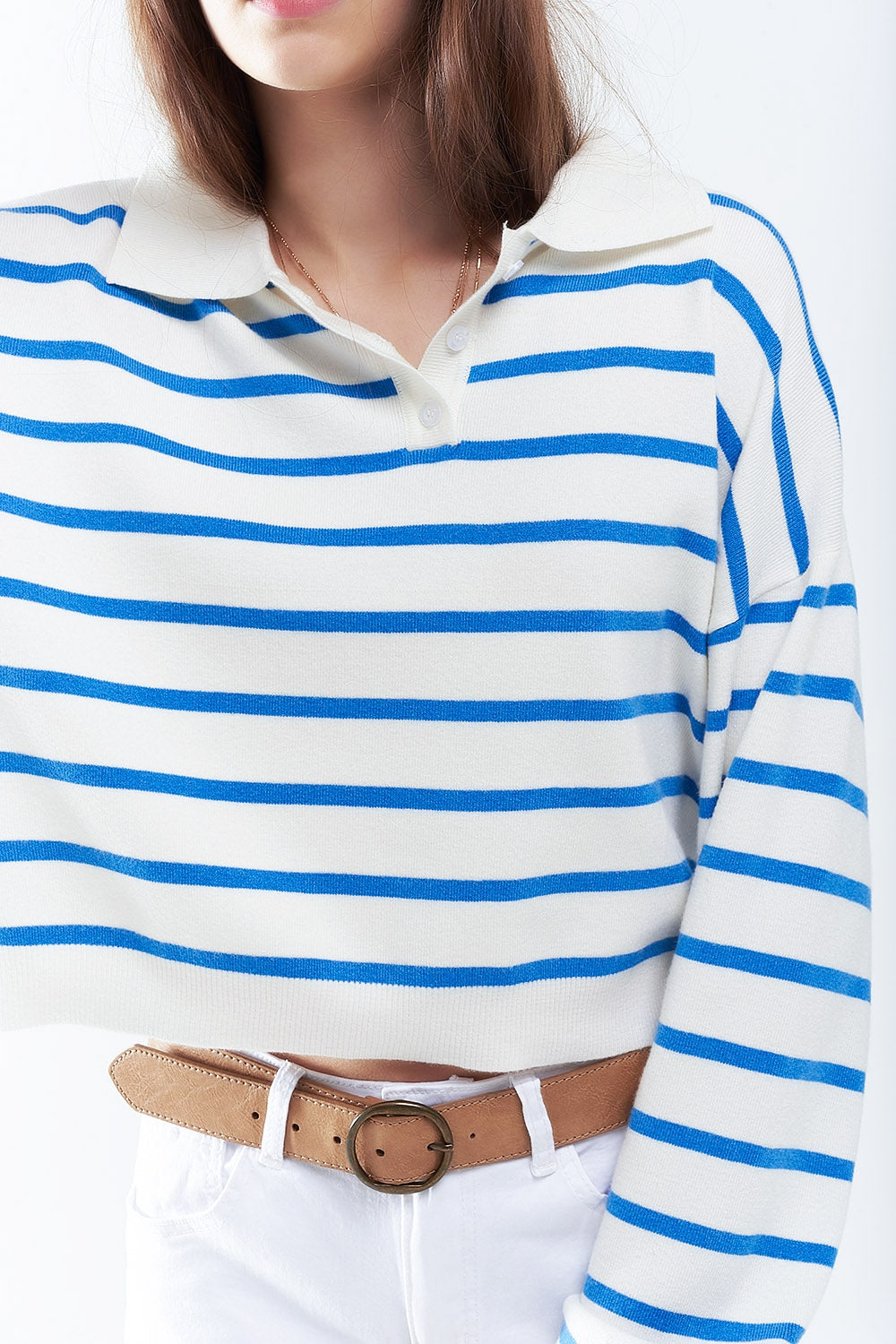 blauw gestreepte zachte gebreide polo