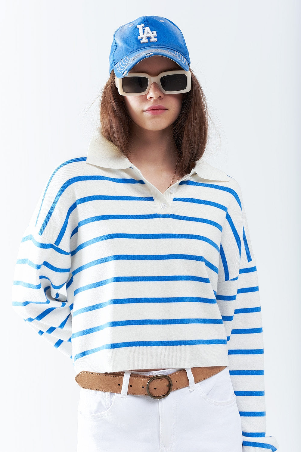 blauw gestreepte zachte gebreide polo