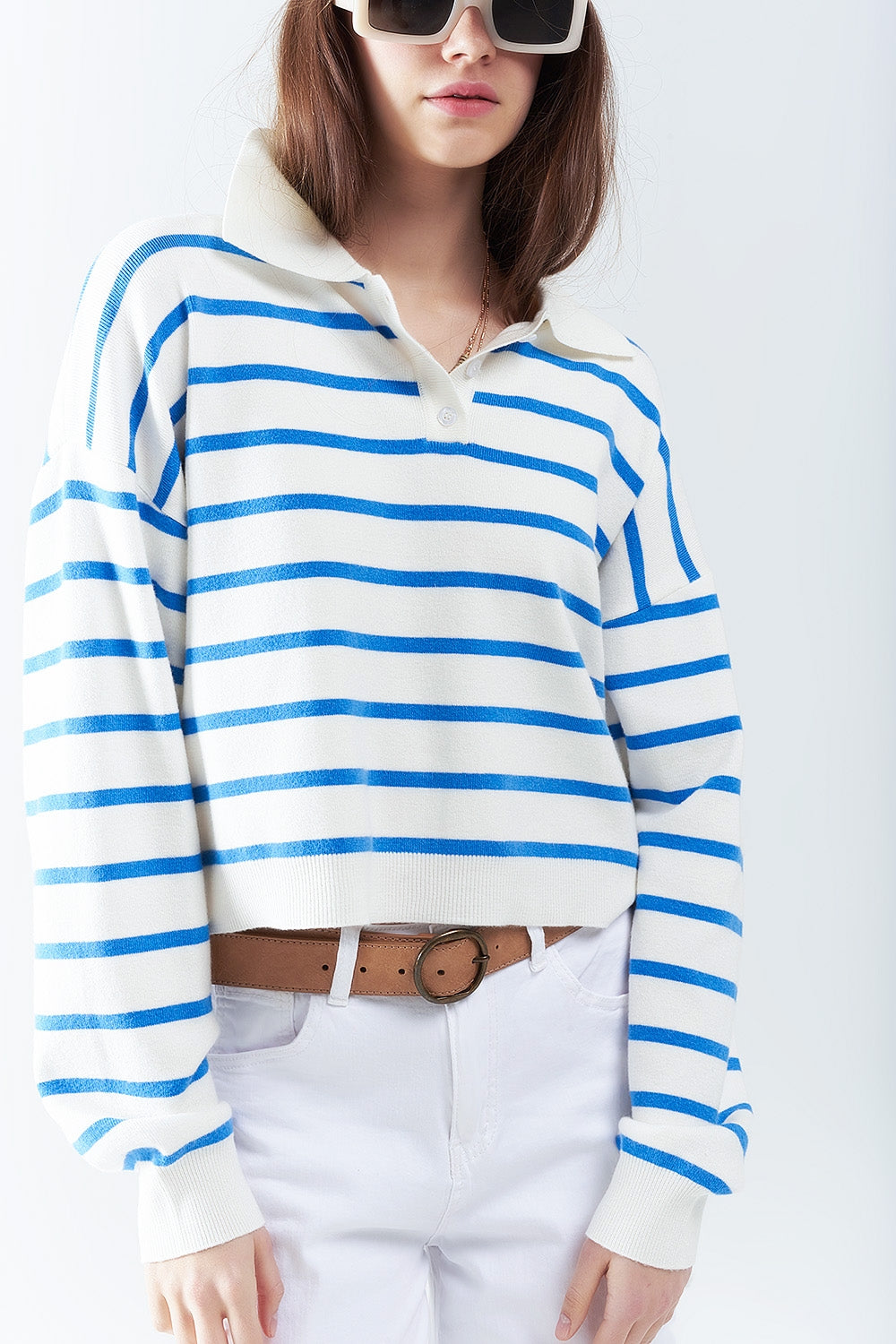 Q2 blue striped soft knit polo