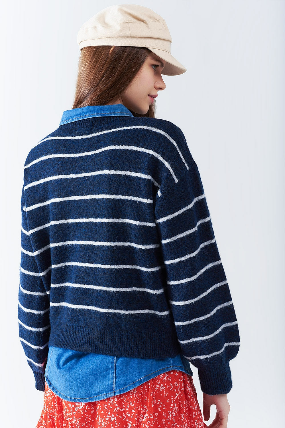 Blue striped sweater with red heart detail