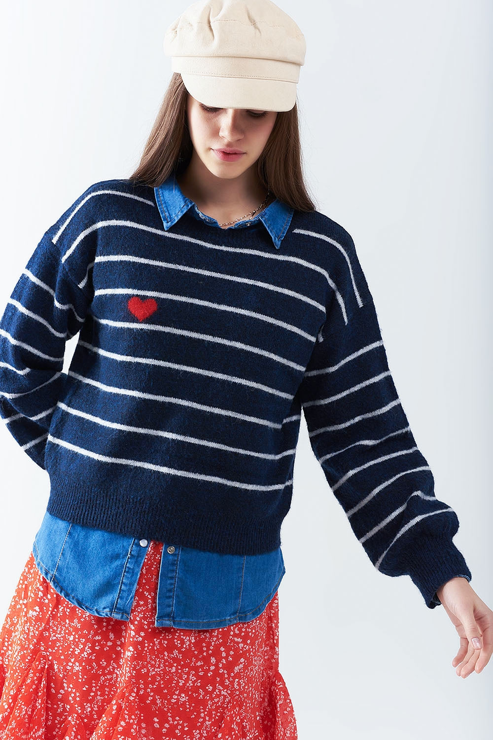 Blue striped sweater with red heart detail