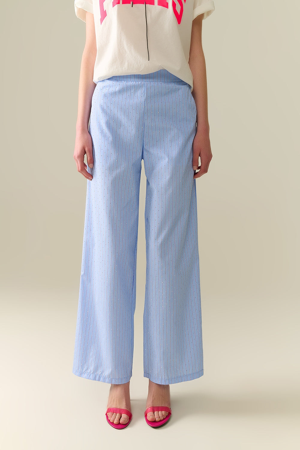 Q2 Blue Striped wide Leg Pants With strass Embellishment