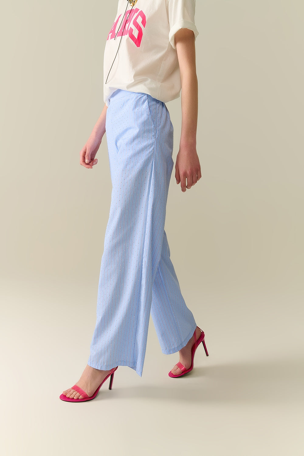 Blauwe gestreepte wijde broek met strass-versiering