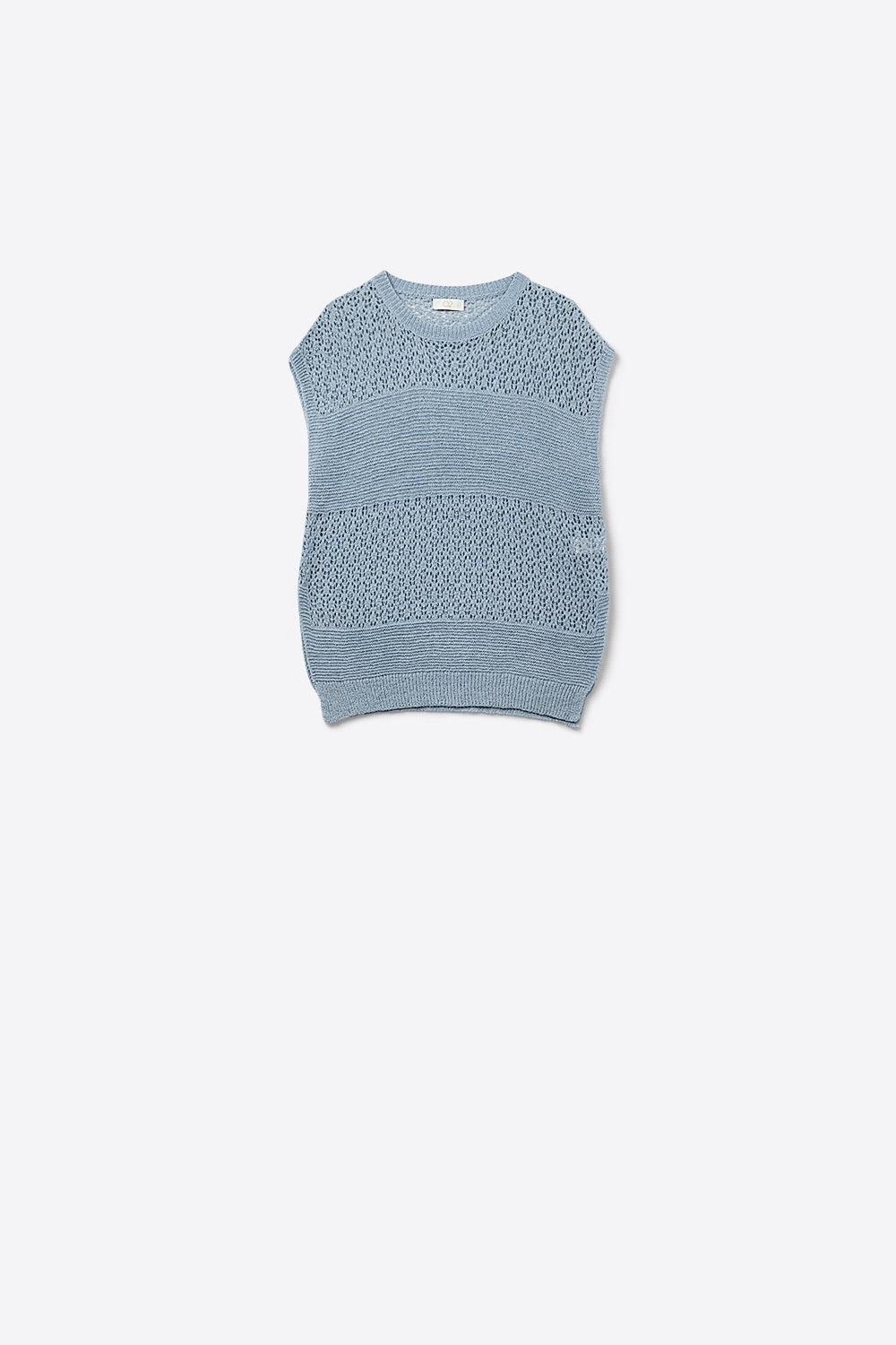 Q2 Blue sweater with soft open knit and dropped sleeves