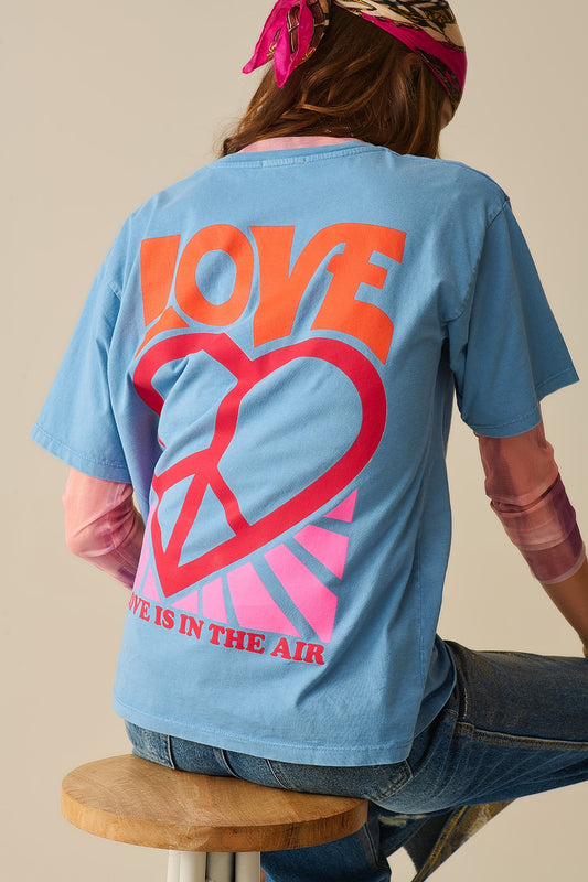 Q2 Blue T-Shirt made in italy with Love is Air and Heart with Peace logo