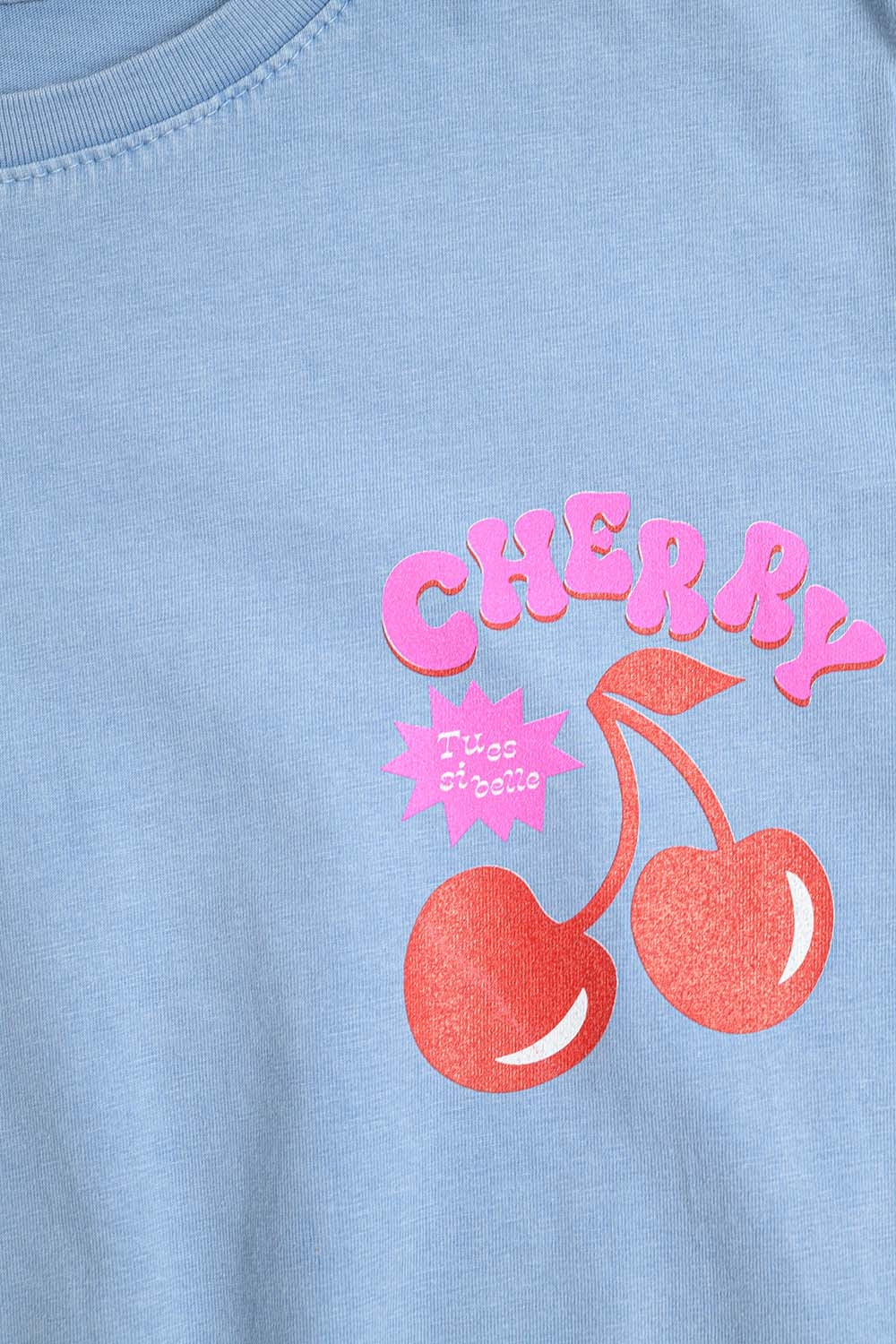 Blue T-shirt with Cherry in logo and letters
