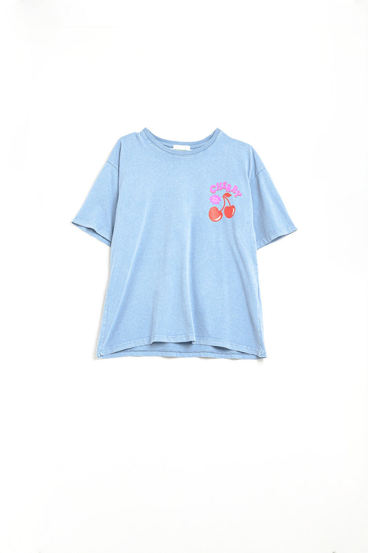 Q2 Blue T-shirt with Cherry in logo and letters