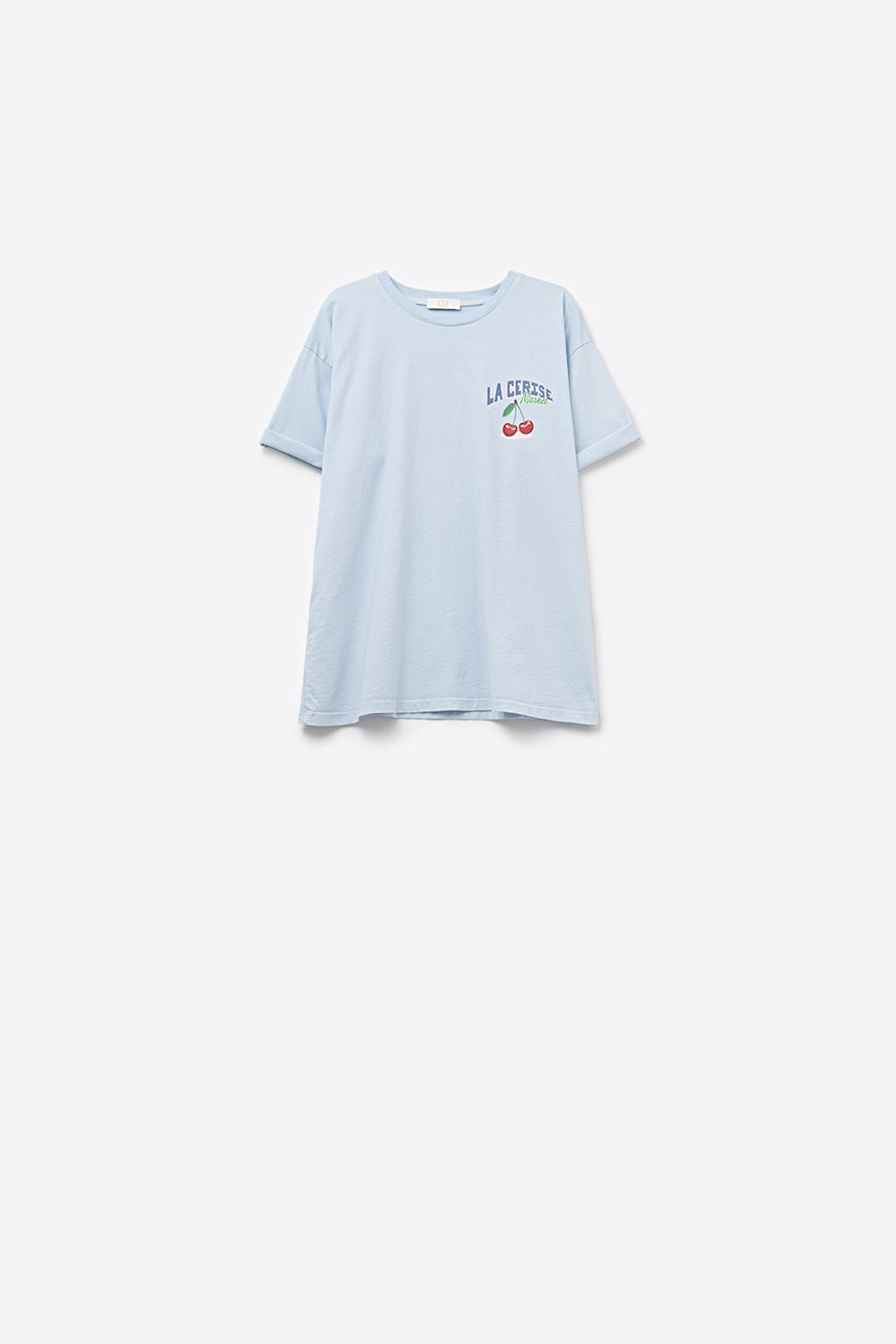 Q2 Blue T-shirt with La Cerise Market Saint-Tropez graphic