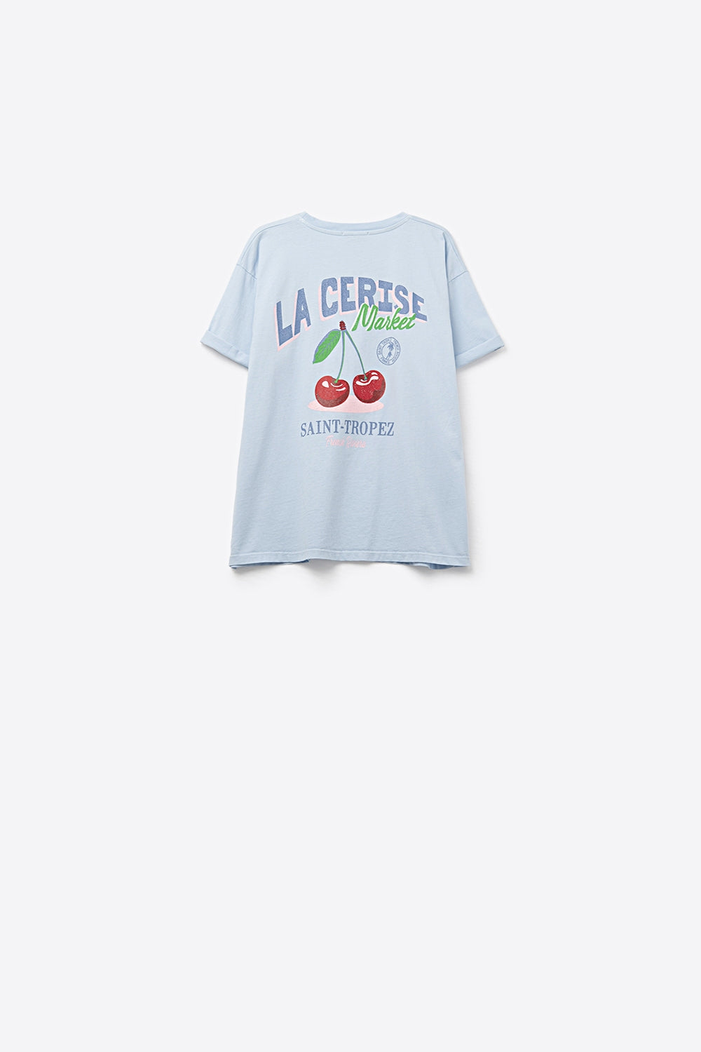 Blue T-shirt with La Cerise Market Saint-Tropez graphic