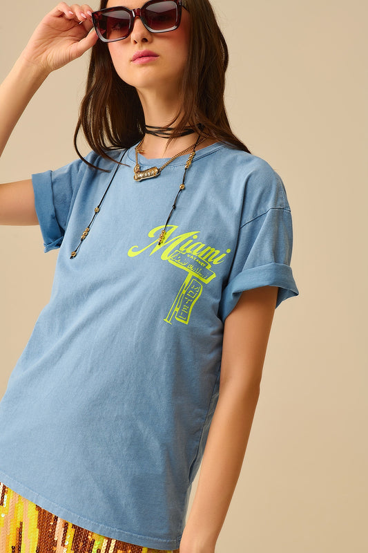 Q2 blue T-shirt with Miami logo print in yellow