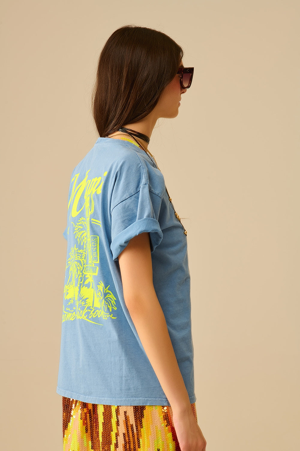 blue T-shirt with Miami logo print in yellow