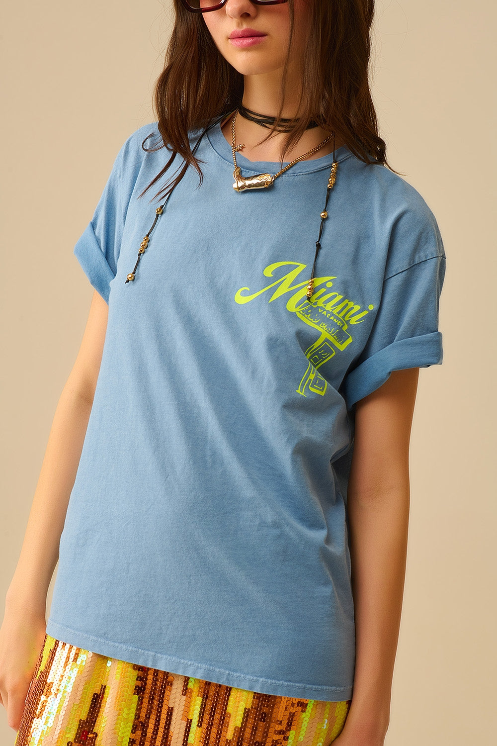 blue T-shirt with Miami logo print in yellow