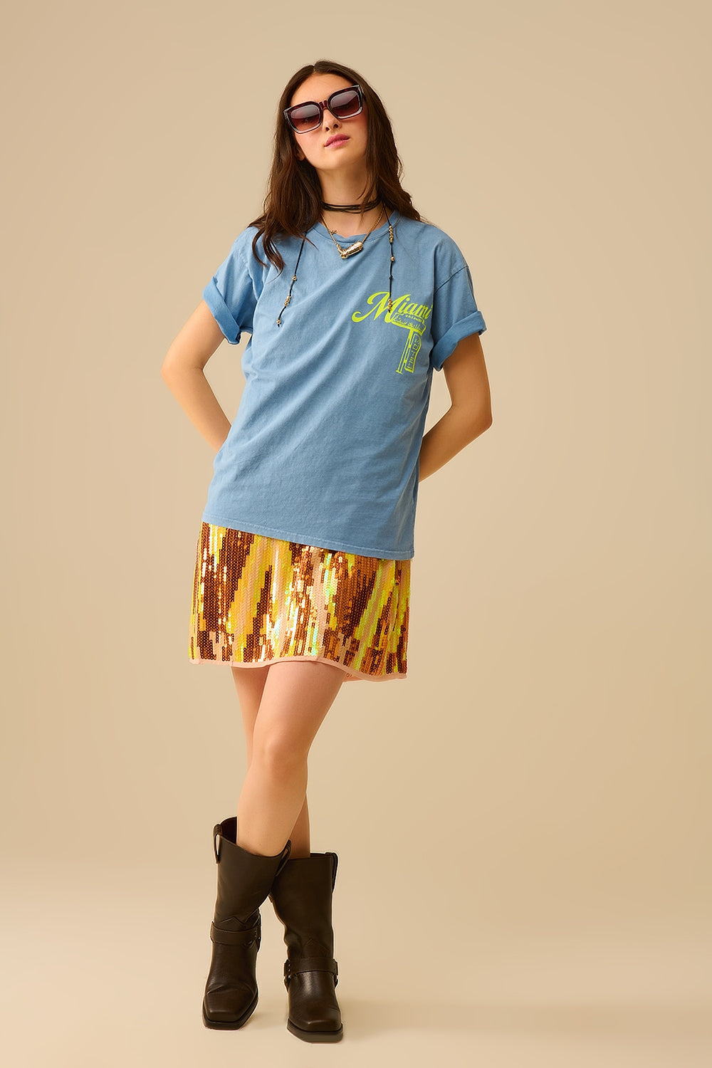 blue T-shirt with Miami logo print in yellow