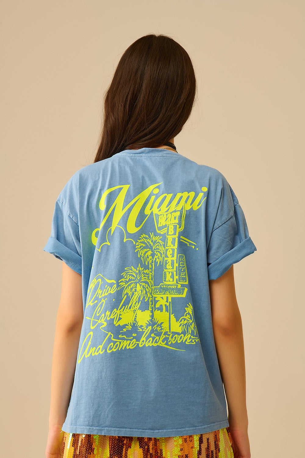 blue T-shirt with Miami logo print in yellow