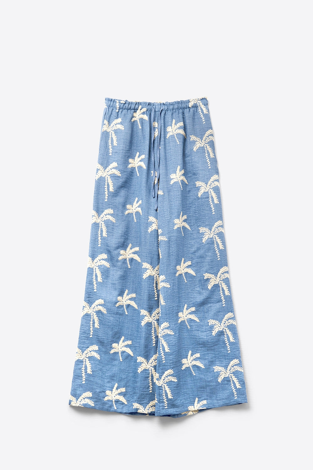 Blue Wide-Leg Trousers with beige Palm Tree Embroidery